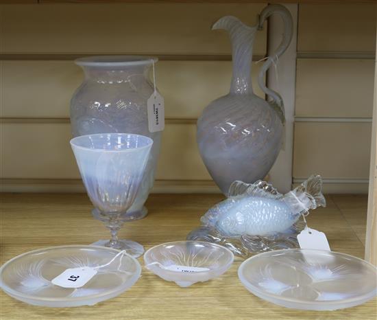 A small collection of Art Deco and other opalescent glass, including a Sabino style fish vase,